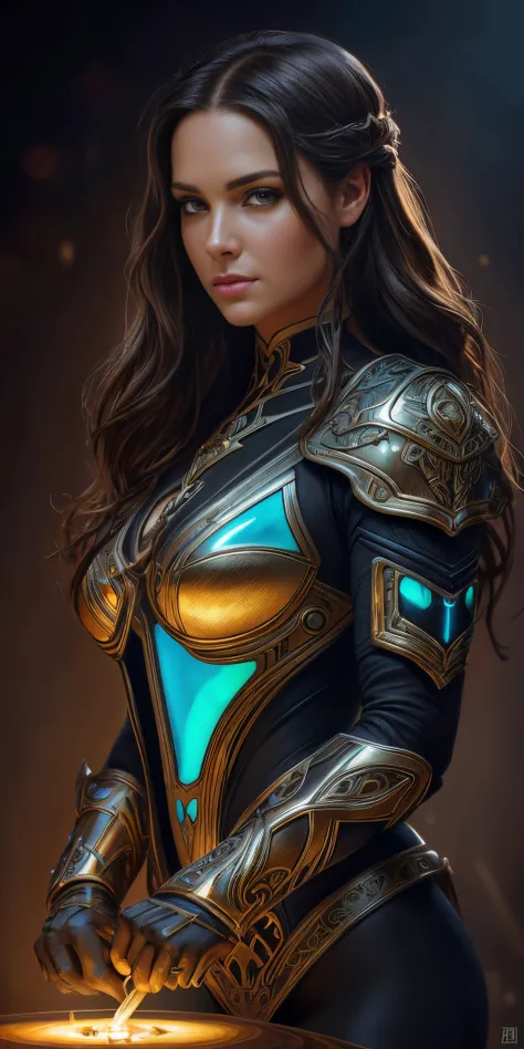 Stunning photorealistic oil painting portrait of Alison Tyler, pele branca, cabelo cyberpunk preto sem forma, Intricate baroque cybernetic armor, sozinho, pintura hiperdetalhada, Luminismo, bar lighting, Complexo, Sobrancelhas brancas, 4k resolution concep...