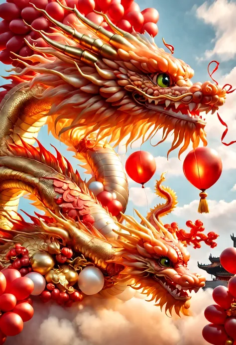 baronzi, (chinese dragon made from balloons, red and gold chinese dragon, fly in the sky), (chinese spring festival), extremely ...