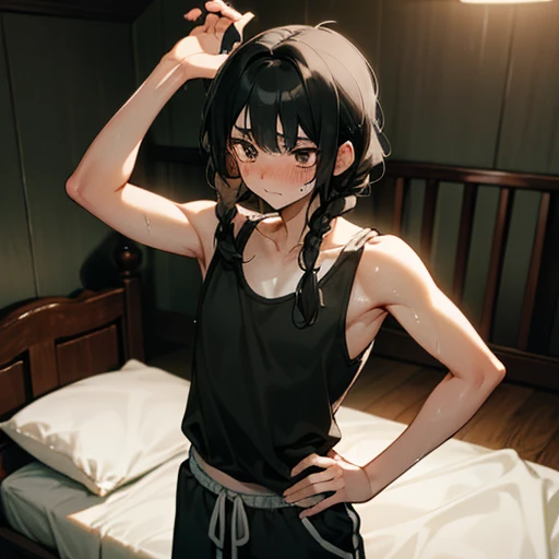 A young man {19 years old} with short curly black braided hair, a wet tank top, and baggy gray sweatpants, (bedroom), (brown eyes), (black hair), (feminine stature), blushing nervously looking up, tsudere, pinned on bed, slightly worried, pinned to the bed...