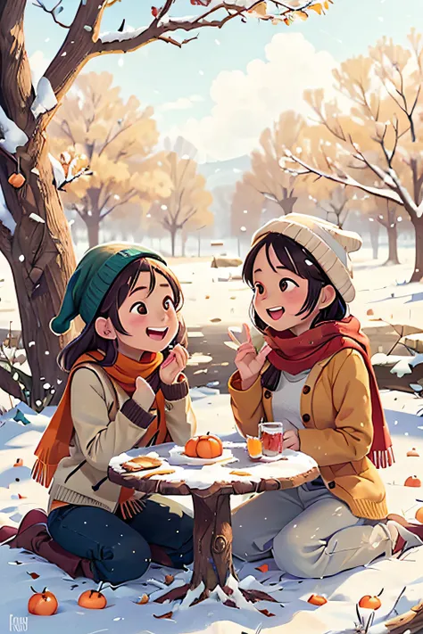 (realistically:1.37),Sitting under the persimmon tree with friends，Sitting on the old tree trunk,Open your mouth and laugh,closeup of face,Wear long-sleeved trousers，Wearing a scarf and woolen hat，snowflakes on tree，Persimmons in hand，((season winter)),，li...