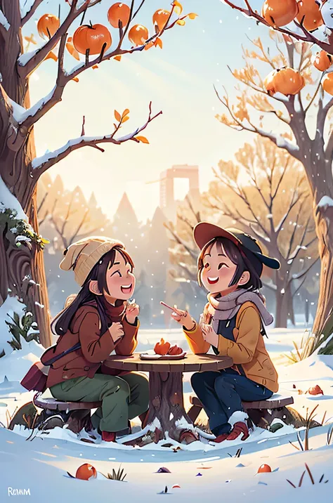 (realistically:1.37),Sitting under the persimmon tree with friends，Sitting on the old tree trunk,Open your mouth and laugh,closeup of face,Wear long-sleeved trousers，Wearing a scarf and woolen hat，snowflakes on tree，Persimmons in hand，((season winter)),，li...