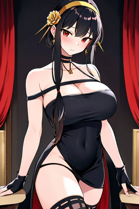 Masterpiece, 1girl, alone, yor forger, Best quality, High Resolutions, aayorf, side locks, gold hair band, hair ornament, black hair, red eyes, gold earring, big breasts, choker, bare shoulders , black dress, two-sided dress, Fingerless gloves, Thigh boots...