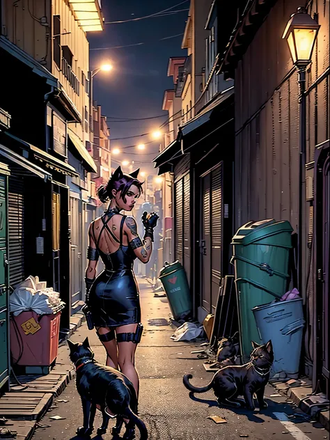 a cat in swat cop clothing GTA 5 style on a back ally with garbage cans on the background with the light of street lights post some garbage on the ground looking at the camara with a beautiful girl cat wearing short dress punk style