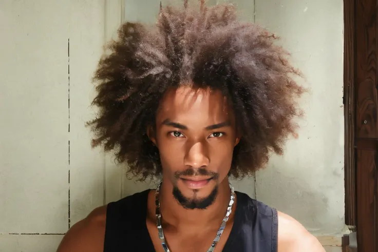 Is already a man with a three large coupe afro and a collier, east african man with curly hair, A black man with long curly hair, Homme noir aux cheveux afro, longs cheveux afro, A photo of a disheveled man, Grand afro, Curly Afro, avec afro, image portrai...