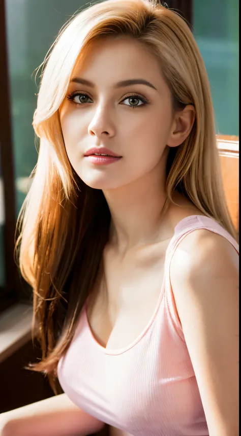 Close-up of a woman wearing a pale pink blouse sitting on a chair, Gorgeous young woman,Blonde beauty details, White clothes are very transparent, tome&#39;Her chest is clearly visible, so she is not an adult..