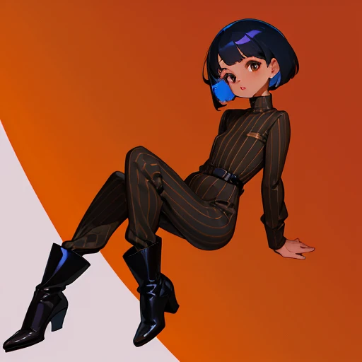 A Brazilian girl with tan caramel skin, big brown eyes, naturally red luscious lips, a striped turtleneck that is somewhat baggy, dress pants and black boots, with blue ombré hair that is very short and wavey in a Bob style,