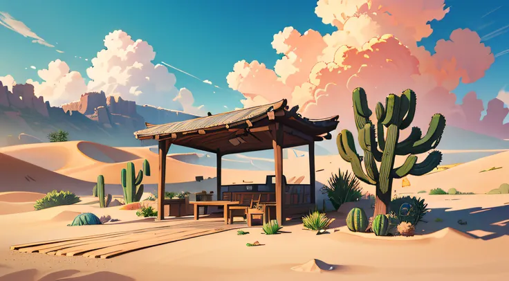 (illustrations : 1.0), photorealistic lighting, hd detail, 夏天, desert, sand, daytime, clouds, overcast, 12pm, dead wood, screen ...