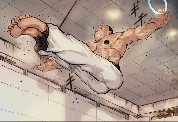 caricatura de un hombre en un gimnasio haciendo un truco con un frisbee, Baki el garfio, Estilo Baba, most strongest pose, Baba, Estilo Tsutomu Nihei, Hajime no IPPO Manga inspirado, Kentaro Miura Estilo Manga, Gran maestra Onizuka, muscular!!, Manga One P...