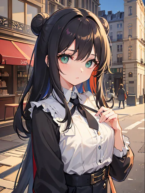 Streets of Paris、Paris Collection、high-level image quality、Long hair in two buns, Bangs up、Forehead is exposed.、A dark-haired、Green eyes、Dark Tone, Vibrant colors、Bust-up shot, Delicate drawing、--s 400