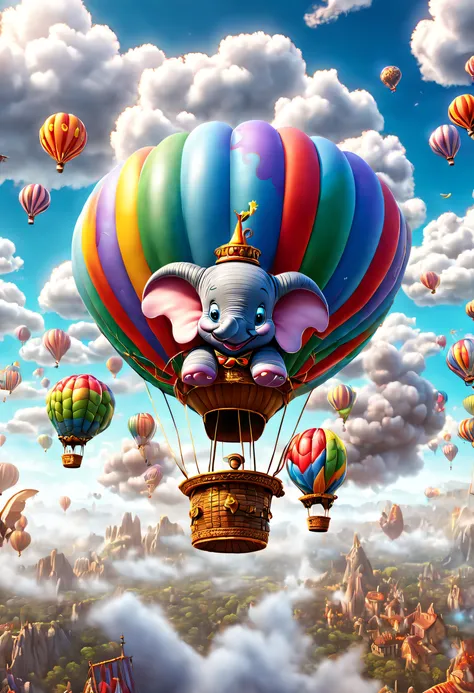 Strange hot air balloons,Colorful,Cute Dumbo shaped hot air balloon，In the clouds,beautiful sky,Surreal,Epic dreams,a fairy world,illuminations,high high quality,a 3D render,ultra - detailed,realistically,vibrant with colors,Amazing lighting