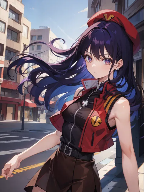 Misato katsuragi, Misato Katsuragi, Long hair, (Brown eyes:1.5), Blue hair, Purple hair,
The break has, Dress, Bare shoulders, Jewelry, Jacket, earrings, Open your clothes, Sleeveless, Necklace, Black Dress, Open jacket, Sleeveless dress, beret, Short dres...