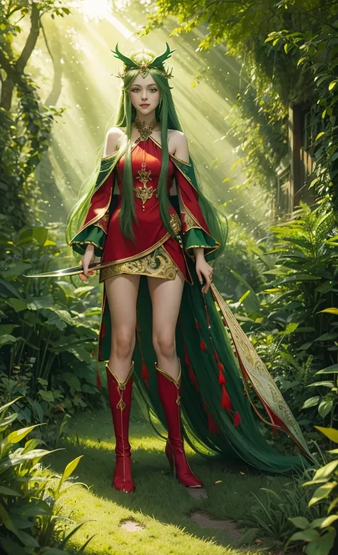 green long hair，Nice face，Red clothing，diadems，Heterochromatic pupil，ssmile，rays of sunshine，Full body photo，the soft light，Stood up，Fantasy Forest