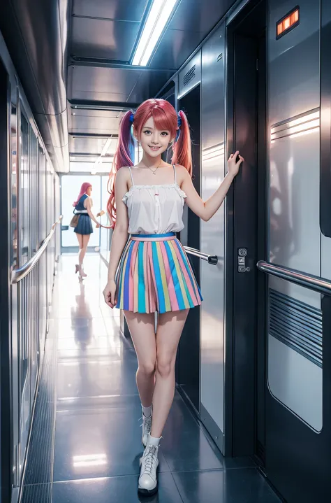 cute redhead with rainbow colored hair tips, ribbons in her hair, 18-year-old woman, happy, smiling, in twin tails, perfect symmetrical eyes, clear sparkling blue eyes, pale skin, silky smooth skin, standing on a fancy metal luxurious space ship, futuristi...