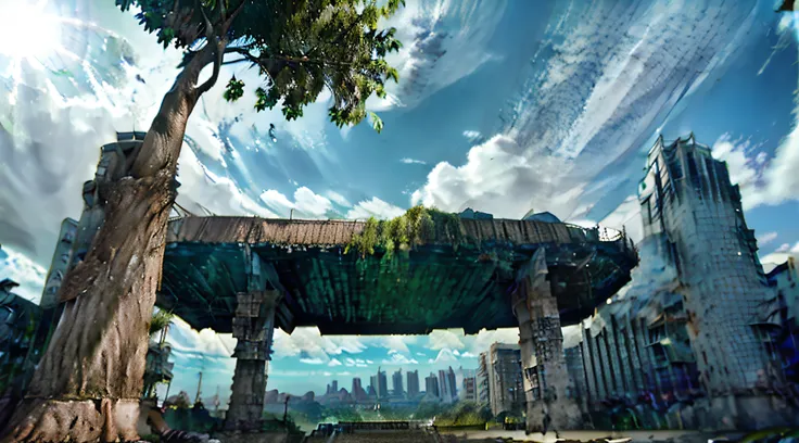 Tree on background々fountain with building, matte painting, inspired by David LaChapelle, environmental art, chemical plant, Vivid vivid colors, High-quality product image", the city is full of green plants