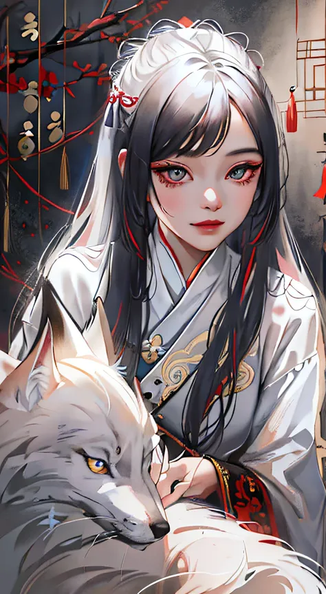 Extreme closeup, Epic ink bending shot, first person perspective, , Alone, Ancient Chinese dark-eyed girl，face to the viewer，There is a white fox behind，This girl has sharp eyes，Long hair flowing behind her，Wearing an embroidered cheongsam，Taoist hand gest...