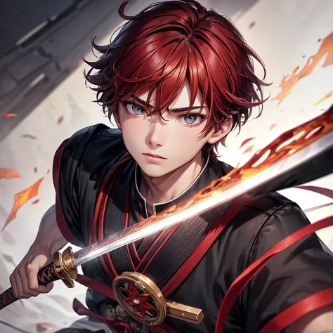 Detail, animated, 17-year-old boy, face detail, large silver eyes, thin lips, straight nose, red hair, in black and white school uniform, with an black odachi sword, white flames in the background, autumn leavesin the foreground, depth of field, soft forel...