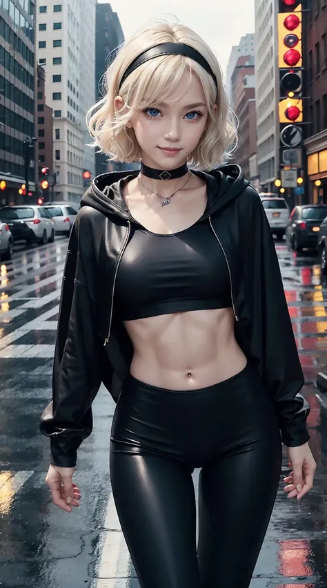 25-year-old Caucasian woman、platinum-blonde、blue eyess、Short Bob、My hair is wavy、accessories on the wrist、wearing a choker、My abs are cracked、I can see the belly button、slim muscular body、I don&#39;t want my head to disappear from the screen.、wearing black...