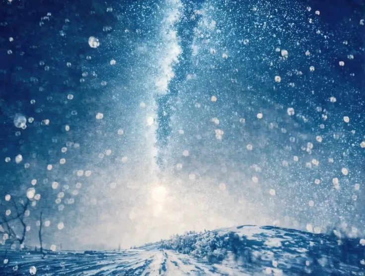 there is a picture of a picture of a tree and some snow, moonlight snowing, snowing, snowfall at night, multiple exposure, raining at night, atmospheric artwork, cyanotype, instant photograph of the sky, lofi album art, ethereal bubbles, raindrops, pinhole...