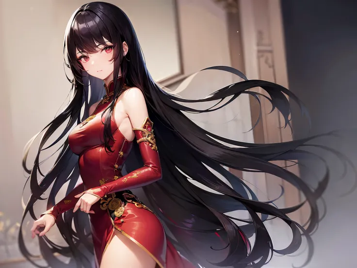 (tmasterpiece, Best quality: 1.2), ultra - detailed, highest details，cabelos preto e longos，intellectual girl，Red cheongsam，Golden decoration，Shy posture，Black colored eyes，Fireworks lit outside the window，Anime Landscape Concept Art，（Shinkai sincerely），An...