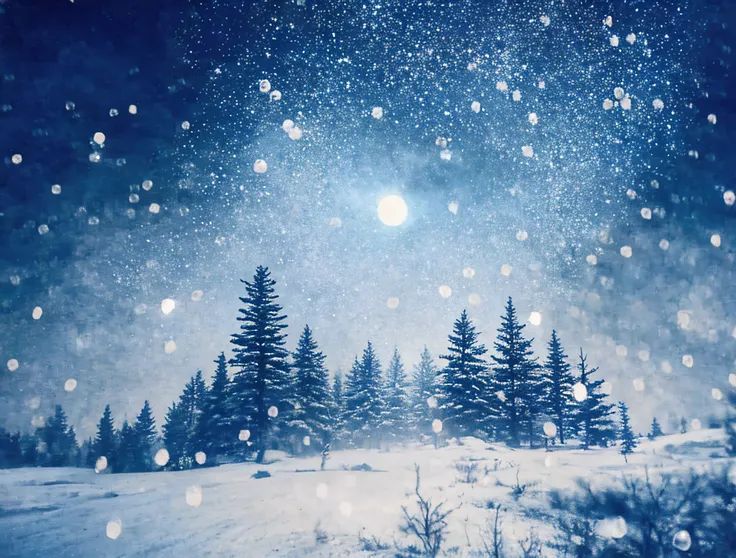 there is a picture of a picture of a tree and some snow, moonlight snowing, snowing, snowfall at night, multiple exposure, raining at night, atmospheric artwork, cyanotype, instant photograph of the sky, lofi album art, ethereal bubbles, raindrops, pinhole...