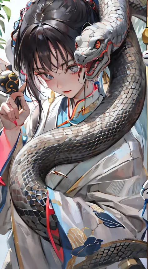 Extreme closeup, Epic ink bending shot, first person perspective, , Alone, Ancient Chinese dark-eyed girl，face to the viewer，There is a white snake behind，The details of the snake should be clear，This girl&#39;s eyes sparkle，Her long hair flows behind her，...