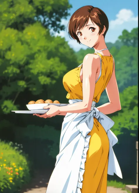 pleasure, 1girl in, solo, yellow dress, sleeveless dress, apron, smile, looking at viewer, outdoors, day, waist apron, shiny, bl...