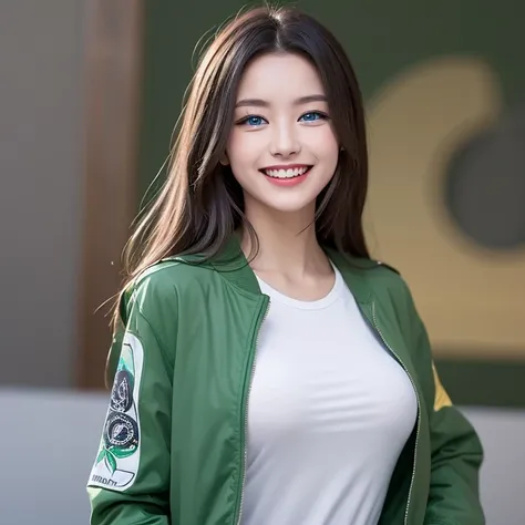 ((eBlue eyes))，Beutiful women，Long gray hair，Toothy smile，whitet-shirt，Green jacket,((one color background))