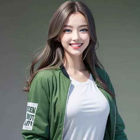 ((eBlue eyes))，Beutiful women，Long gray hair，Toothy smile，whitet-shirt，Green jacket,((one color background))