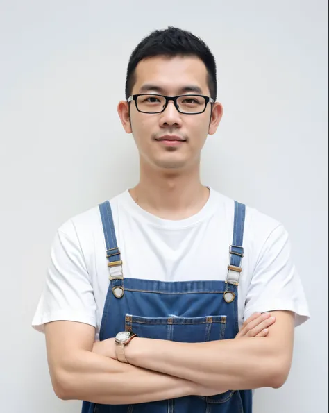 wears glasses、wearing work clothes、Arafad man standing with arms crossed, Artist in overalls, Wearing blue denim overalls, Hungry artist in overalls, Asian male, wearing work clothes, Put on an apron, Wearing dirty work clothes, Inspired by Ding Yunpeng, S...