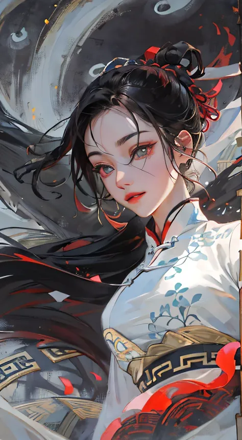 Extreme closeup, Epic ink bending shot, first person perspective, , Alone, Ancient Chinese dark-eyed girl，face to the viewer，There is a white snake behind，This girl has sharp eyes，Her long hair flows behind her，Wearing an embroidered cheongsam，Taoist hand ...