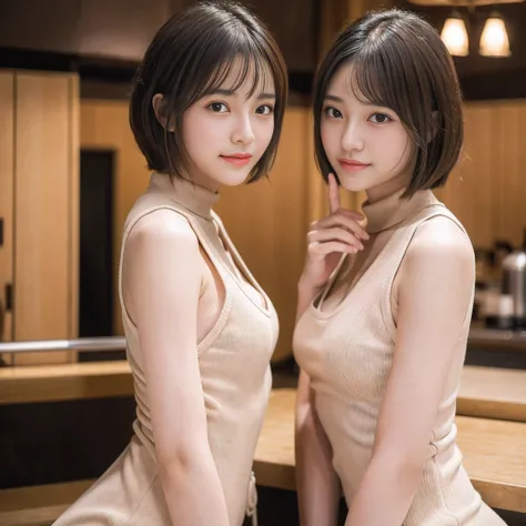 japanaese 2 girls, Drinking beer at the counter of a standing bar.Yakitori and small side dishes are lined up on plates at the counter, (Wearing an tutle-neck oversized knit one-piece), (photoshoot style, Shooting from front, Upperney Statue, body facing f...