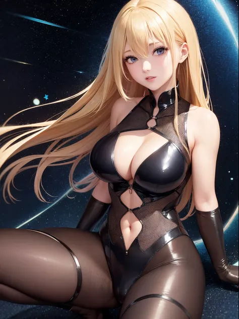 Blonde woman in a tight suit exposing her cleavage、Galaxy