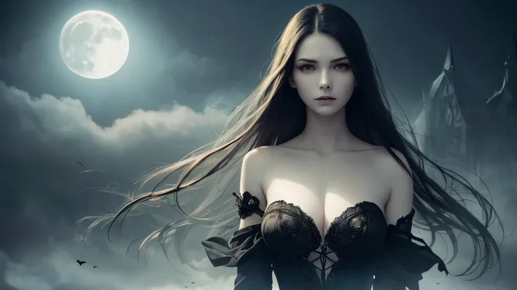 (best quality,highres), detailed facial features, intense and dramatic lighting, pale skin, sharp fangs, flowing dark hair, elegant posture, mysterious atmosphere, eerie shadows, gothic architecture, mist and fog, rich and deep color palette, haunting and ...