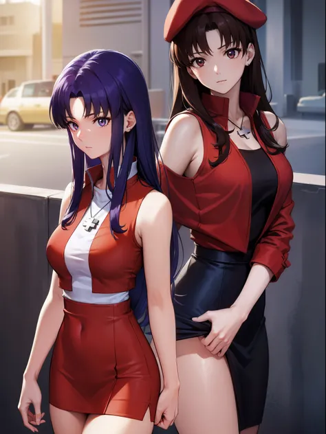 Misato katsuragi, Misato Katsuragi, Long hair, (Brown eyes:1.5), Blue hair, Purple hair,
The break has, Dress, Bare shoulders, Jewelry, Jacket, earrings, Open your clothes, Sleeveless, Necklace, Black Dress, Open jacket, Sleeveless dress, beret, Short dres...