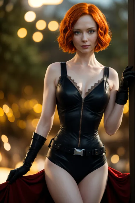 Beautiful 25 year old woman, (Christina Hendricks:Karen Gillan:0.5), wearing Black Widow costume, sly smile, perfect hands, high detail face, pale fair detailed skin, ginger hair, short haircut, medium breasts, masterpiece, cinematic lighting, RAW photogra...