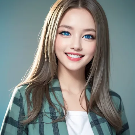 (((eBlue eyes)))，((s the perfect face))，Beutiful women，Long gray hair，Toothy smile，whitet-shirt，((green plaid jacket)),((blue backdrop))