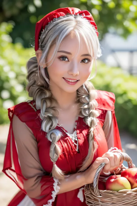 (Costumes in the style of fantasy),(Grimm fairy tale world),(Rothkappchen,Little Red Riding Hood,red riding hood:1.3),(farmhouse entrance:1.3),(Wearing a red hood:1.3),(((Red Tunic:1.3))),(((apples and bread in the basket),Cute and beautiful girl,Cute roun...