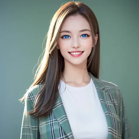 (((eBlue eyes)))，((s the perfect face))，Beutiful women，Long gray hair，Toothy smile，whitet-shirt，((green plaid jacket)),((blue backdrop))