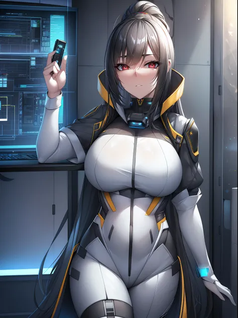 ((best quality)), ((masterpiece)), (highly detailed:1.3), 3d,rfktr_technotrex, beautiful cyberpunk woman with voluminous hair,(w...