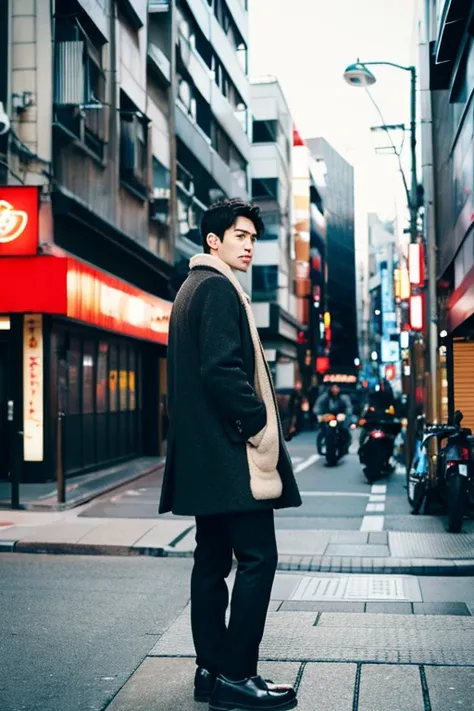 Handsome men,Upper body portrait,Turning around from the left and looking at me,Allback,Japan men,Wearing a coat,Background of buildings