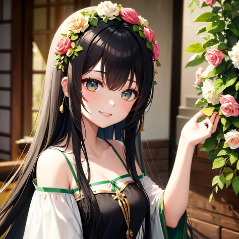 Long black hair、green clothing、Floral hair ornament、adult-like、Smile、de pele branca、