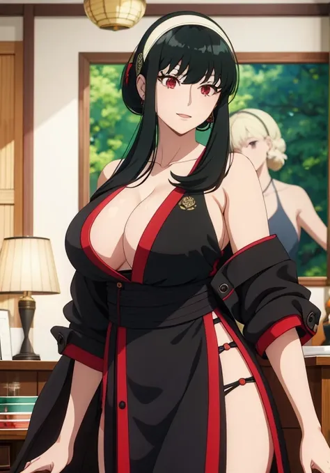 olet, A mature woman,  through bangs, side locks, red eyes, black hair color hair, hair adornments, Huge cleavage，sporty attire, (the face:1.2), female student, ssmile,exposed bare shoulders, black hair color hair, Sakura NS, LOP, (robe:1.21), 鎖骨, Willow b...