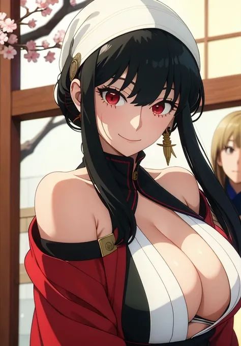 olet, A mature woman,  through bangs, side locks, red eyes, black hair color hair, hair adornments, Huge cleavage，sporty attire, (the face:1.2), female student, ssmile,exposed bare shoulders, black hair color hair, Sakura NS, LOP, (robe:1.21), 鎖骨, Willow b...