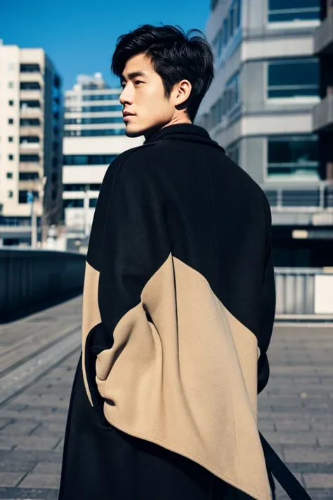 Handsome men,Upper body portrait,Turning around and looking at us,Allback,Japan men,Wearing a black coat,Background of buildings