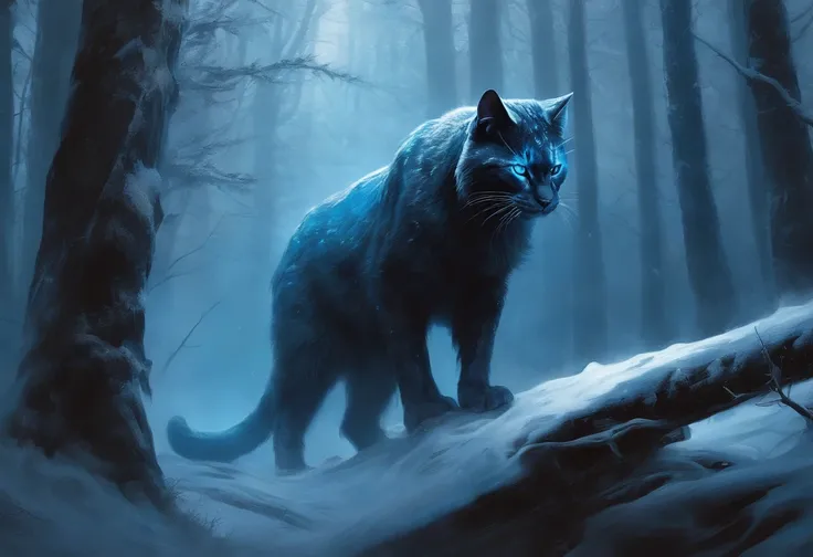 A painting of a gigantic gigantic cat covered in blue flames in a birch forest in a winter snowstorm, carnage, Sci - Horror Art of Fiction, Science fiction horror artwork, inspired by Aleksi Briclot, Horror fantasy art, par Aleksi Briclot, Horror concept a...