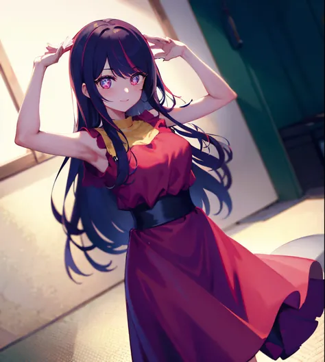 masterpiece, best quality, ultra-detailed, illustration, warm lighting, bright colors, 1girl, solo, long_hair, bangs, swept_bangs, star shaped pupil_eyes, violet_hair,

red_dress, arms up, arm pits, shaded face,red outfit,

a woman in a red and black dress...