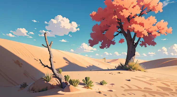 (illustrations : 1.0), photorealistic lighting, hd detail, 夏天, desert, sand, daytime, clouds, overcast, 12pm, dead wood, tree wi...