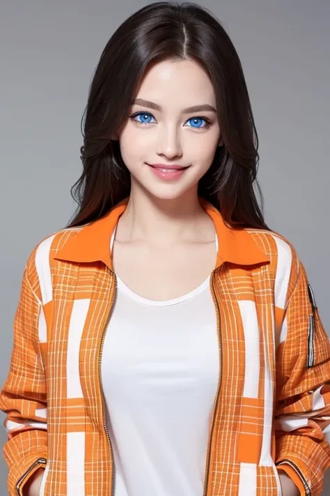 ((eBlue eyes))，（s the perfect face，）Beutiful women，Long gray hair，Toothy smile，whitet-shirt，((orange check jacket)),((one color background))