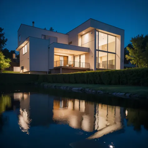 Modern house, large, no one, night time, middle fogus, high details