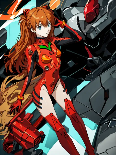 Shikiha Asuka Langre, ASUKA, Evangelion, her hair is a long blonde double ponytail, wearing a full red EVA pilots combat suit, high heels on her feet, tsundere girl, slender, juvenile, with almond-shaped sky blue eyes, long eyelashes, shiny lips, tsundere ...